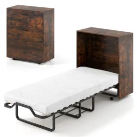 Rustic Brown Mobile Murphy Bed Cabinet 86.5' X 34' X 41.5' With Lockable Wheels, Space Saving Foldable Guest Bed With 4 Inch Foam Mattress (Option: Defaulttitle)